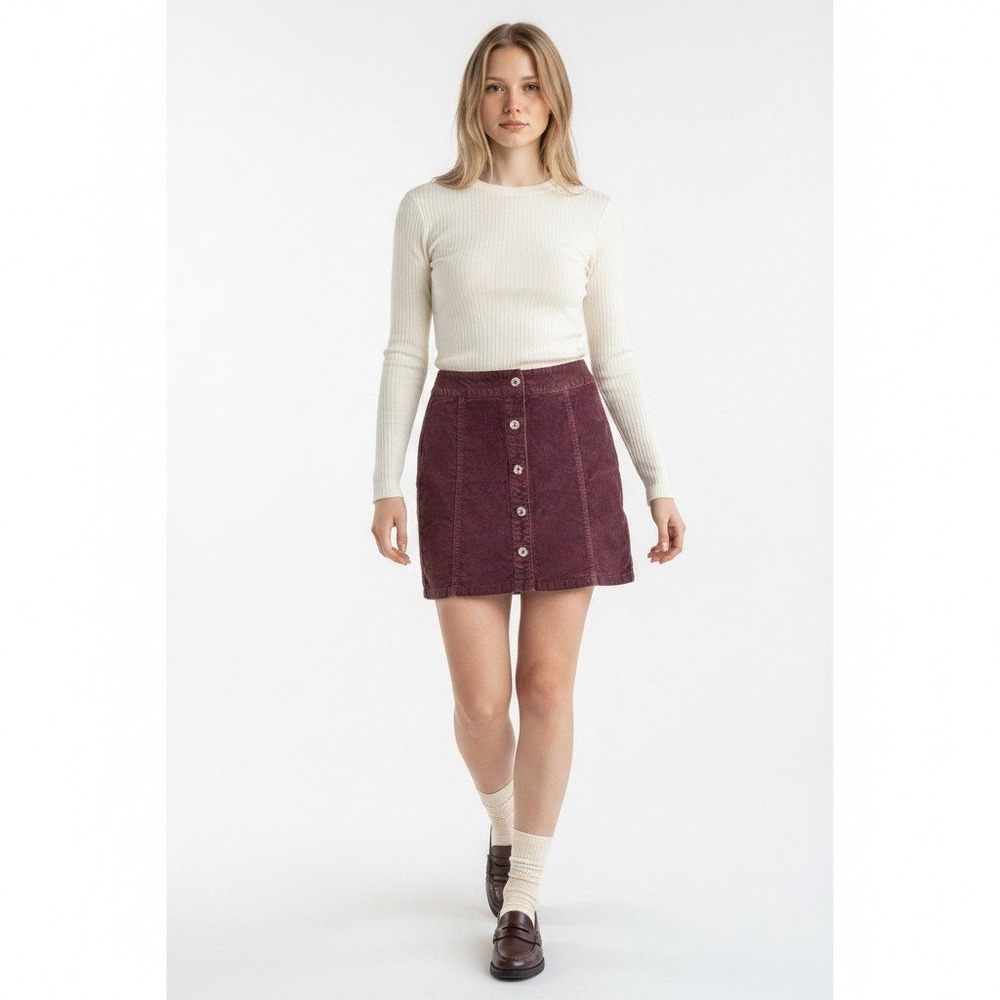 90s Corduroy Mini Skirt Button Front Size 4 Brown Burgundy Y2K Preppy Academia